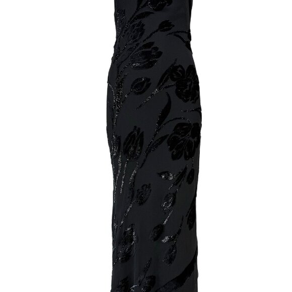 PAMELA DENNIS Vintage Black Silk Asymmetrical Evening Gown Maxi Dress Floral - Picture 2 of 10